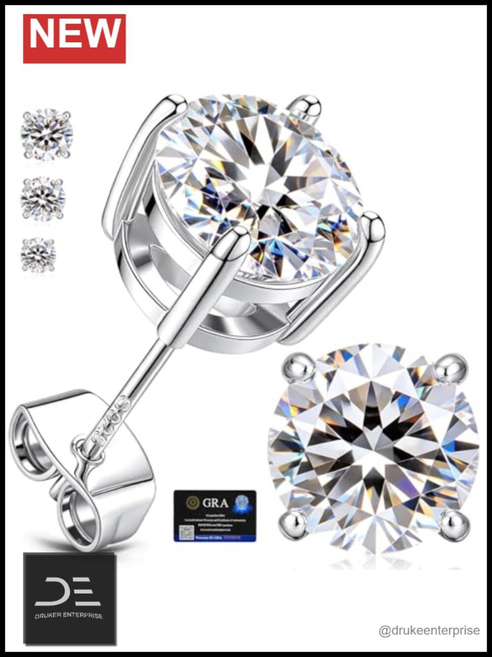 Moissanite Stud Earrings 925 Sterling Silver 18K Gold Plated Hypoallergenic